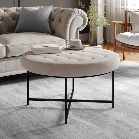 Flash Furniture Ashton 34 Round Cotton Linen Tufted Ottoman with Metal Frame, Gray Cotton Linen/Black Frame WX-TY-104-GRY-LN-BLK-GG